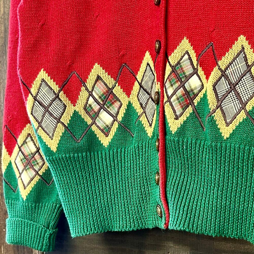 Vintage 1990s Silk SUSAN BRISTOL Cozy New Preppy Argyle Holiday SWEATER Cardigan - Picture 2 of 5